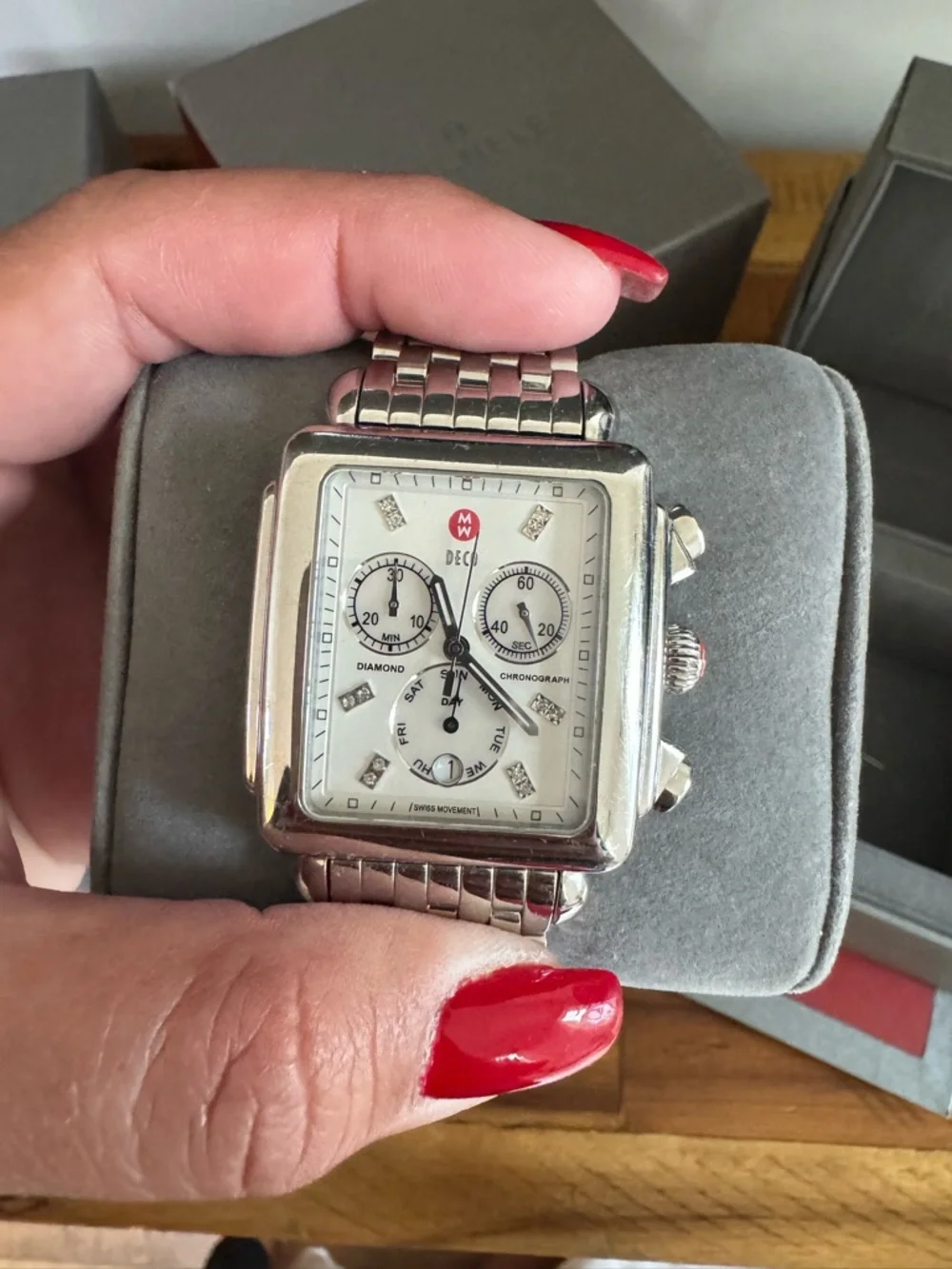 Michele Silver Stainless Steel Square Chronograph Watch with Cream Dial - Picture 3 of 6